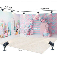 Aperturee - Aperturee Pastel Pink and Blue Candy Land Sweet Shop Room Set Backdrop Ice Cream Donut Balloon Arch Birthday Party Decor