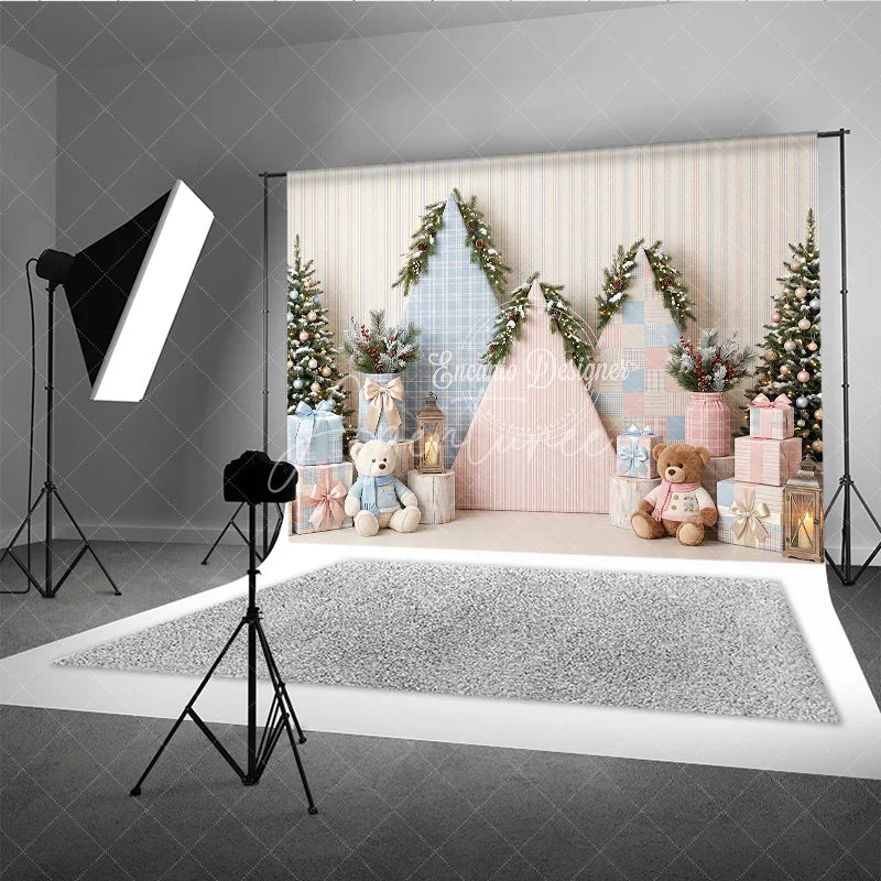 Aperturee - Aperturee Pastel Pink and Blue Plaid Holiday Backdrop with Snowy Christmas Trees Gifts and Teddy Bears Winter Photoshoot Decor