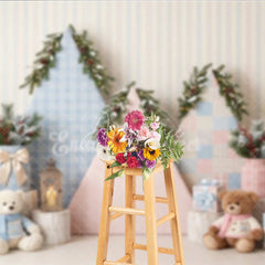 Aperturee - Aperturee Pastel Pink and Blue Plaid Holiday Backdrop with Snowy Christmas Trees Gifts and Teddy Bears Winter Photoshoot Decor