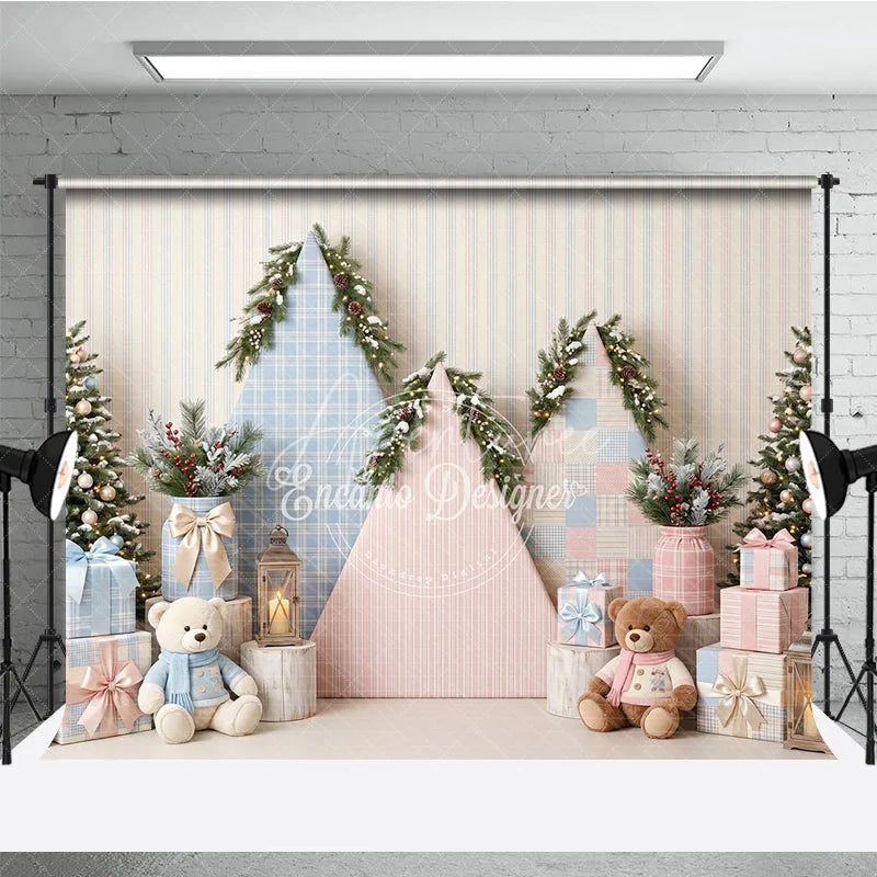 Aperturee - Aperturee Pastel Pink and Blue Plaid Holiday Backdrop with Snowy Christmas Trees Gifts and Teddy Bears Winter Photoshoot Decor