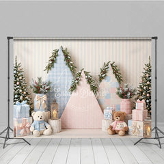 Aperturee - Aperturee Pastel Pink and Blue Plaid Holiday Backdrop with Snowy Christmas Trees Gifts and Teddy Bears Winter Photoshoot Decor