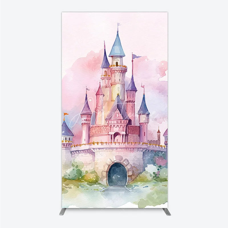 Aperturee - Aperturee Pastel Pink and Purple Watercolor Castle Fairytale Rectangle Arch Backdrop Dreamy Princess Birthday Party Decor