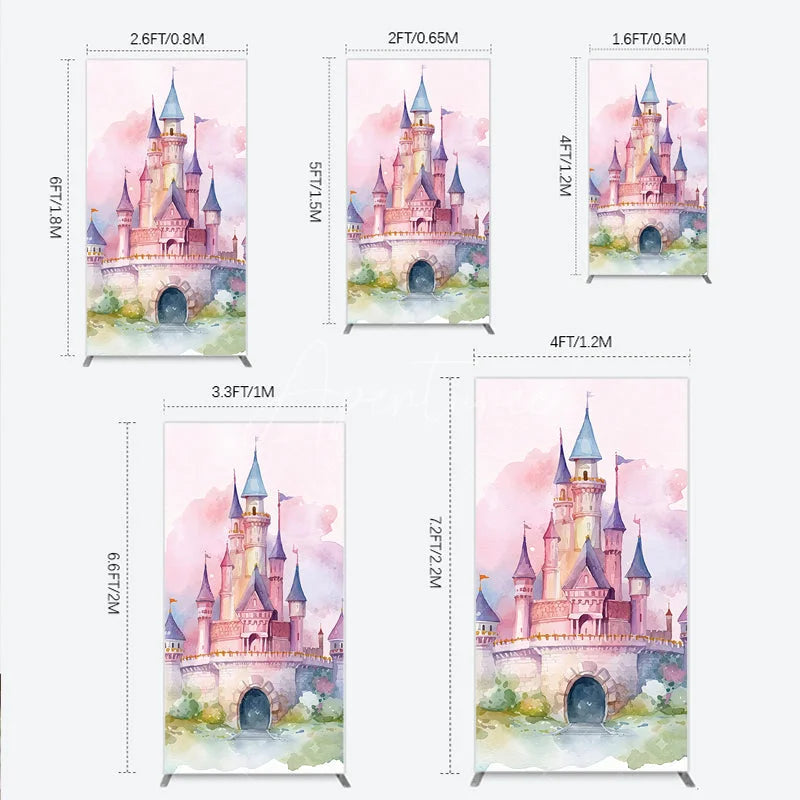 Aperturee - Aperturee Pastel Pink and Purple Watercolor Castle Fairytale Rectangle Arch Backdrop Dreamy Princess Birthday Party Decor