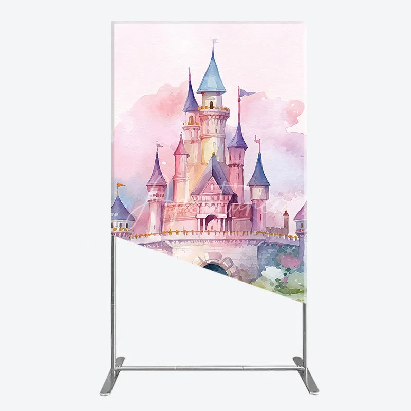 Aperturee - Aperturee Pastel Pink and Purple Watercolor Castle Fairytale Rectangle Arch Backdrop Dreamy Princess Birthday Party Decor