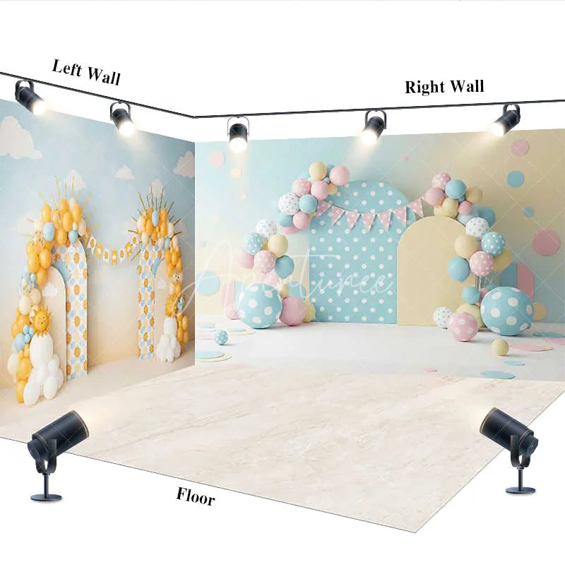 Aperturee - Aperturee Pastel Pink Blue and Yellow Balloon Arch Room Set Backdrop Whimsical Baby Shower Birthday Party Decor