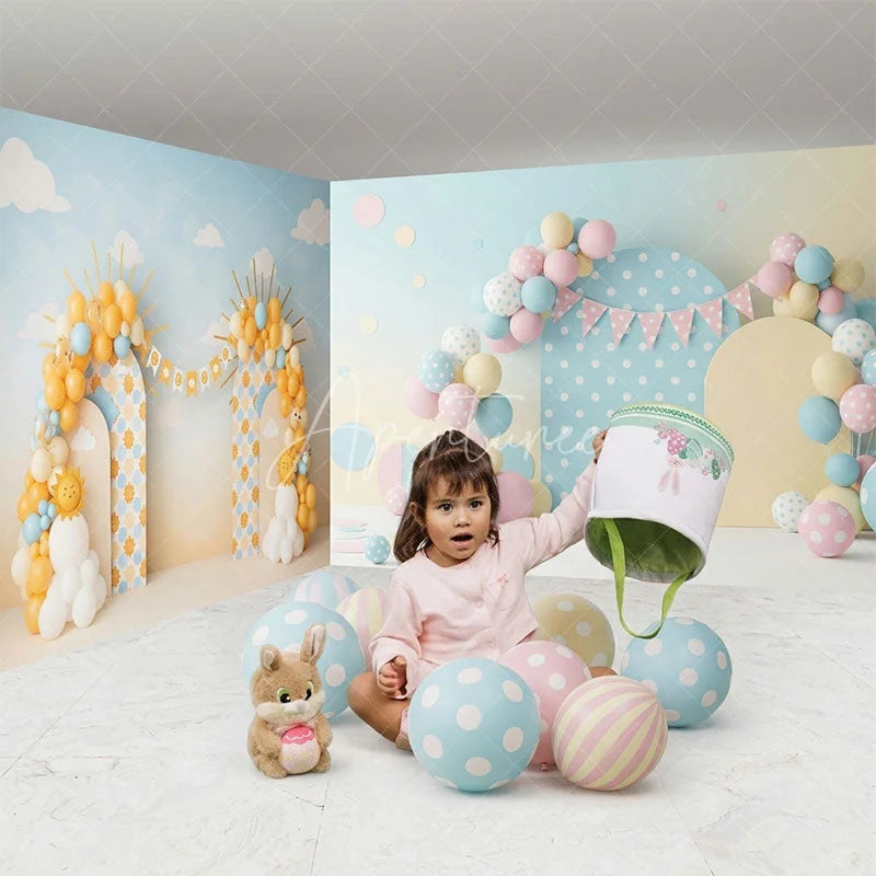 Aperturee - Aperturee Pastel Pink Blue and Yellow Balloon Arch Room Set Backdrop Whimsical Baby Shower Birthday Party Decor