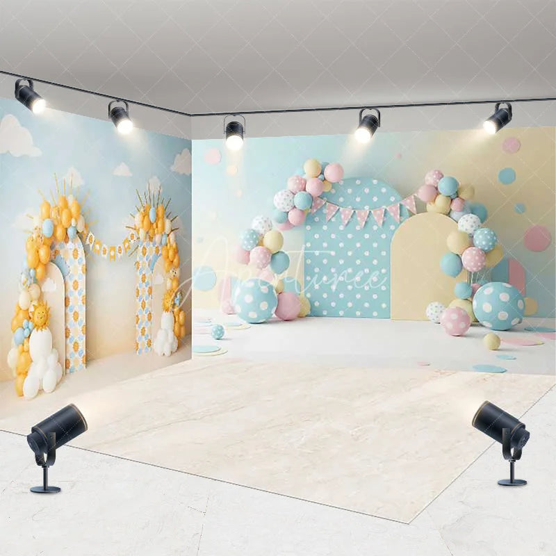 Aperturee - Aperturee Pastel Pink Blue and Yellow Balloon Arch Room Set Backdrop Whimsical Baby Shower Birthday Party Decor