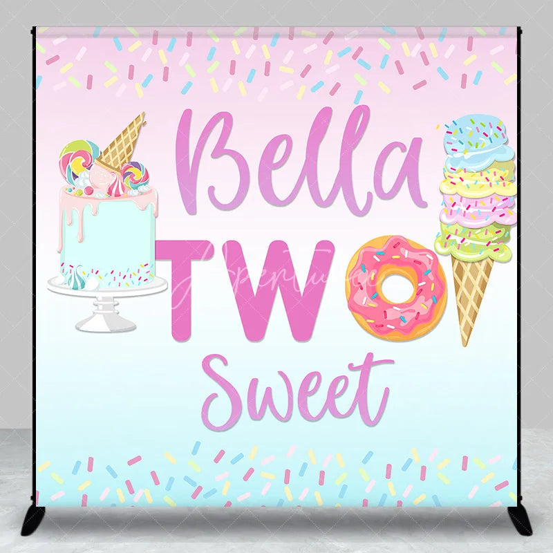 Aperturee - Aperturee Pastel Pink Blue Sweet Candy Donut Ice Cream Cake Custom Backdrop Two Sweet Birthday Party Decor