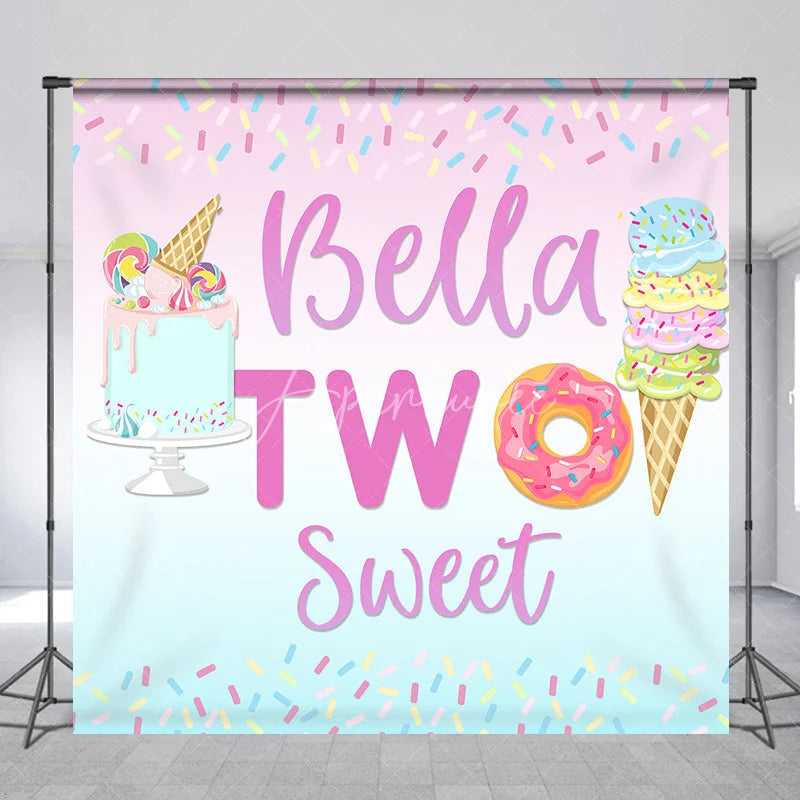 Aperturee - Aperturee Pastel Pink Blue Sweet Candy Donut Ice Cream Cake Custom Backdrop Two Sweet Birthday Party Decor