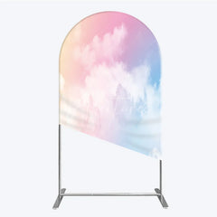 Aperturee - Aperturee Pastel Pink Blue Yellow Gradient Sky with Clouds Round Top Arch Backdrop Dreamy Photo Background Decor