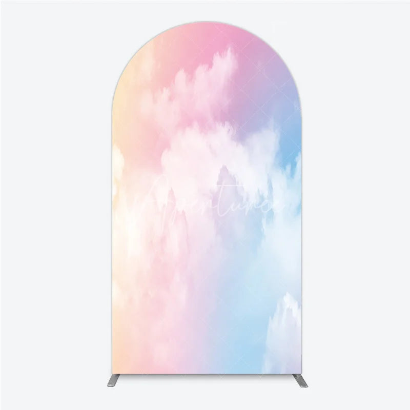Aperturee - Aperturee Pastel Pink Blue Yellow Gradient Sky with Clouds Round Top Arch Backdrop Dreamy Photo Background Decor