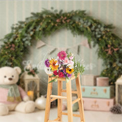 Aperturee - Aperturee Pastel Pink Green Christmas Trees Holiday Backdrop Festive Garland with Teddy Bear and Gifts Winter Wonderland Decor