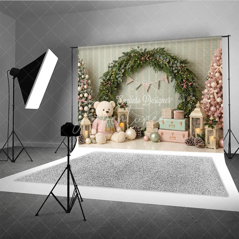Aperturee - Aperturee Pastel Pink Green Christmas Trees Holiday Backdrop Festive Garland with Teddy Bear and Gifts Winter Wonderland Decor