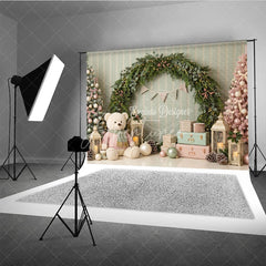 Aperturee - Aperturee Pastel Pink Green Christmas Trees Holiday Backdrop Festive Garland with Teddy Bear and Gifts Winter Wonderland Decor