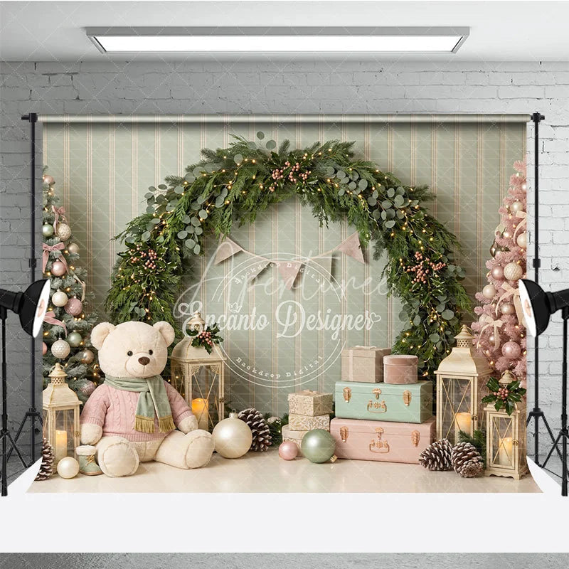 Aperturee - Aperturee Pastel Pink Green Christmas Trees Holiday Backdrop Festive Garland with Teddy Bear and Gifts Winter Wonderland Decor