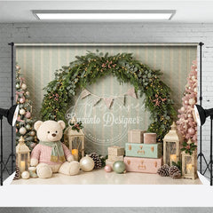 Aperturee - Aperturee Pastel Pink Green Christmas Trees Holiday Backdrop Festive Garland with Teddy Bear and Gifts Winter Wonderland Decor