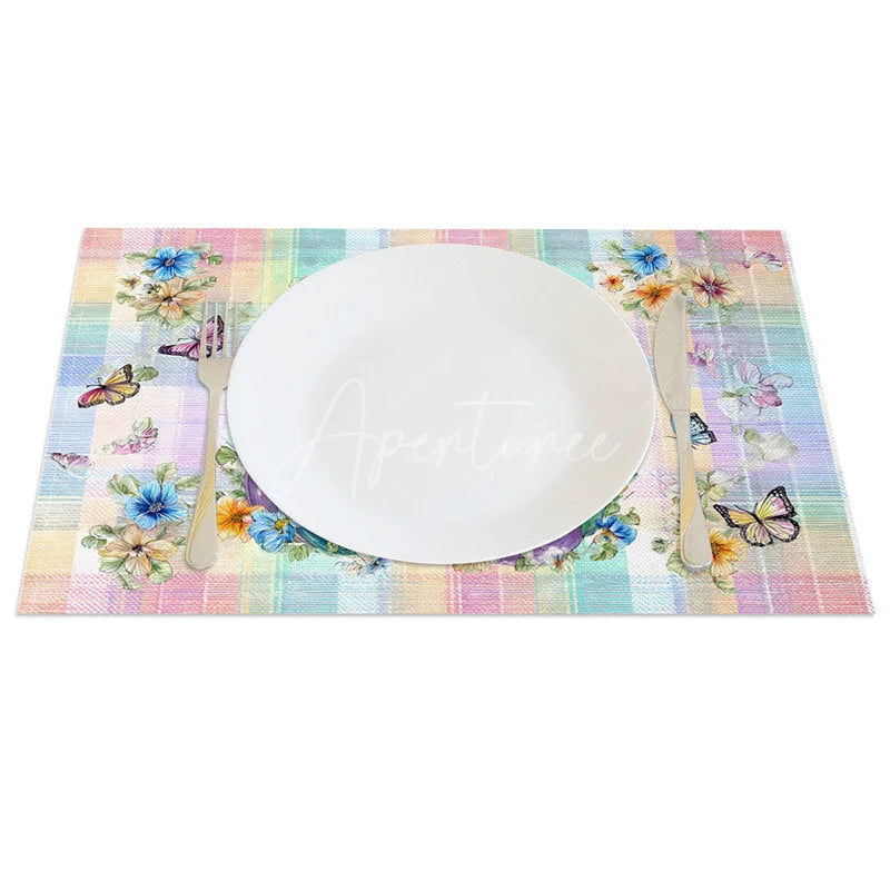 Aperturee - Aperturee Pastel Plaid Easter Bunny Set of 4 Placemats Colorful Egg Butterfly Rabbit Table Mats for Party