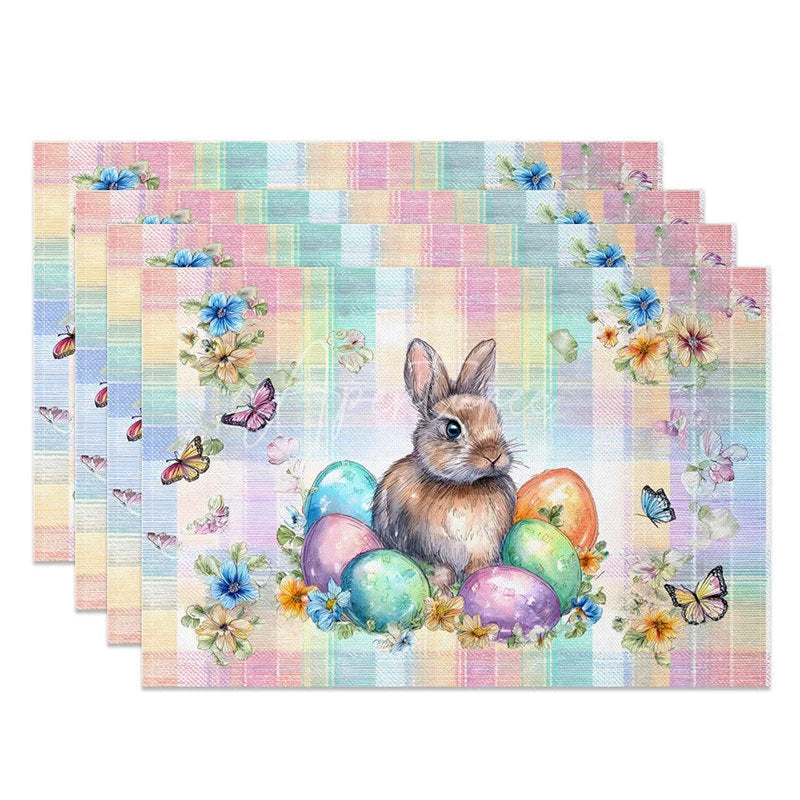 Aperturee - Aperturee Pastel Plaid Easter Bunny Set of 4 Placemats Colorful Egg Butterfly Rabbit Table Mats for Party