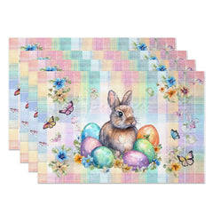 Aperturee - Aperturee Pastel Plaid Easter Bunny Set of 4 Placemats Colorful Egg Butterfly Rabbit Table Mats for Party