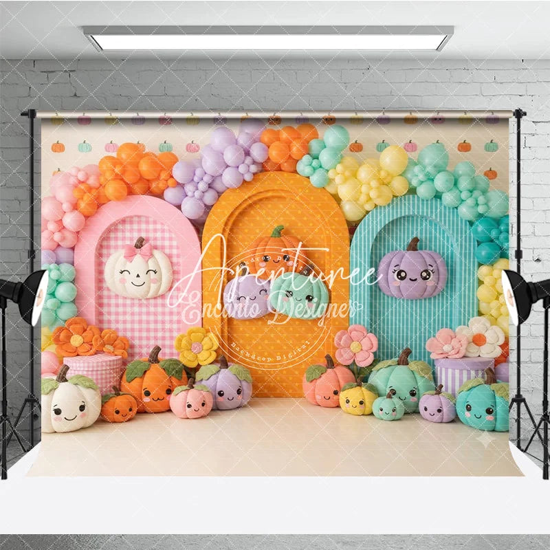 Aperturee - Aperturee Pastel Pumpkin Balloon Garland Arched Photography Backdrop Cute Fall Autumn Baby Kids Birthday Photo Booth Decor