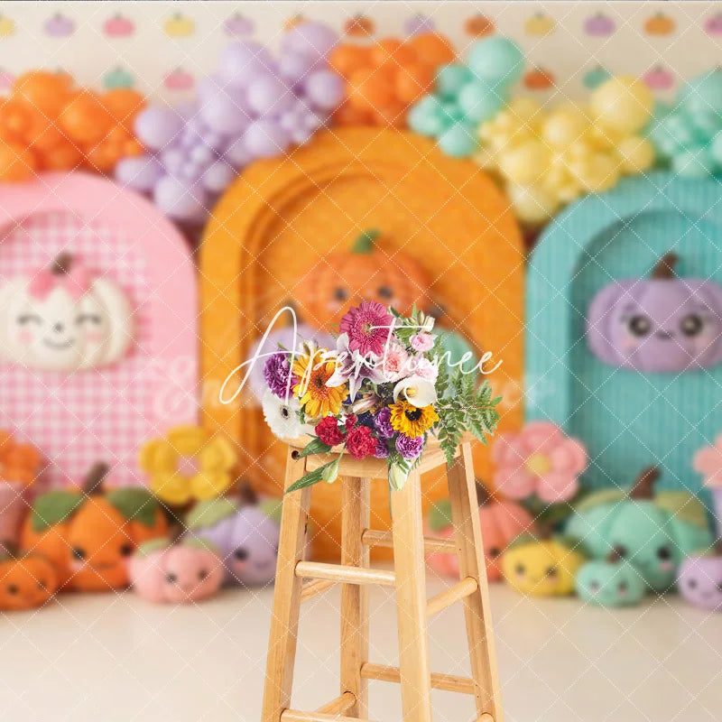 Aperturee - Aperturee Pastel Pumpkin Balloon Garland Arched Photography Backdrop Cute Fall Autumn Baby Kids Birthday Photo Booth Decor