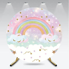 Aperturee - Aperturee Pastel Rainbow and Glitter Stars Round Backdrop Dreamy Sky with Fluffy Clouds for Kids Birthday Party