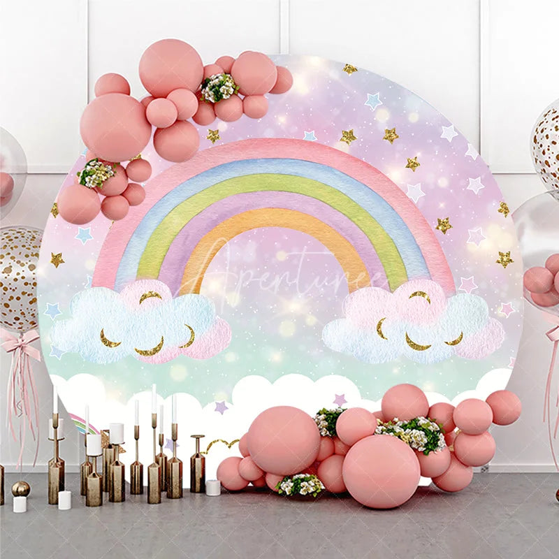 Aperturee - Aperturee Pastel Rainbow and Glitter Stars Round Backdrop Dreamy Sky with Fluffy Clouds for Kids Birthday Party