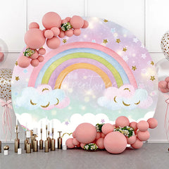 Aperturee - Aperturee Pastel Rainbow and Glitter Stars Round Backdrop Dreamy Sky with Fluffy Clouds for Kids Birthday Party