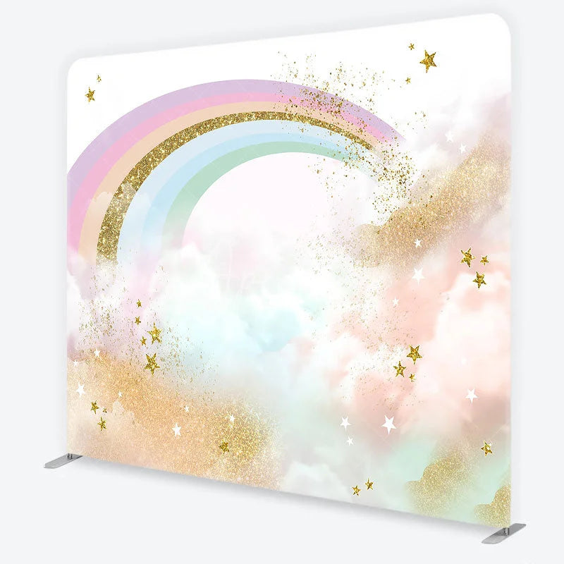 Aperturee - Aperturee Pastel Rainbow and Gold Glitter Stars Backdrop Magical Clouds Birthday Party Decor Tension Fabric Backdrop
