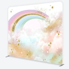 Aperturee - Aperturee Pastel Rainbow and Gold Glitter Stars Backdrop Magical Clouds Birthday Party Decor Tension Fabric Backdrop