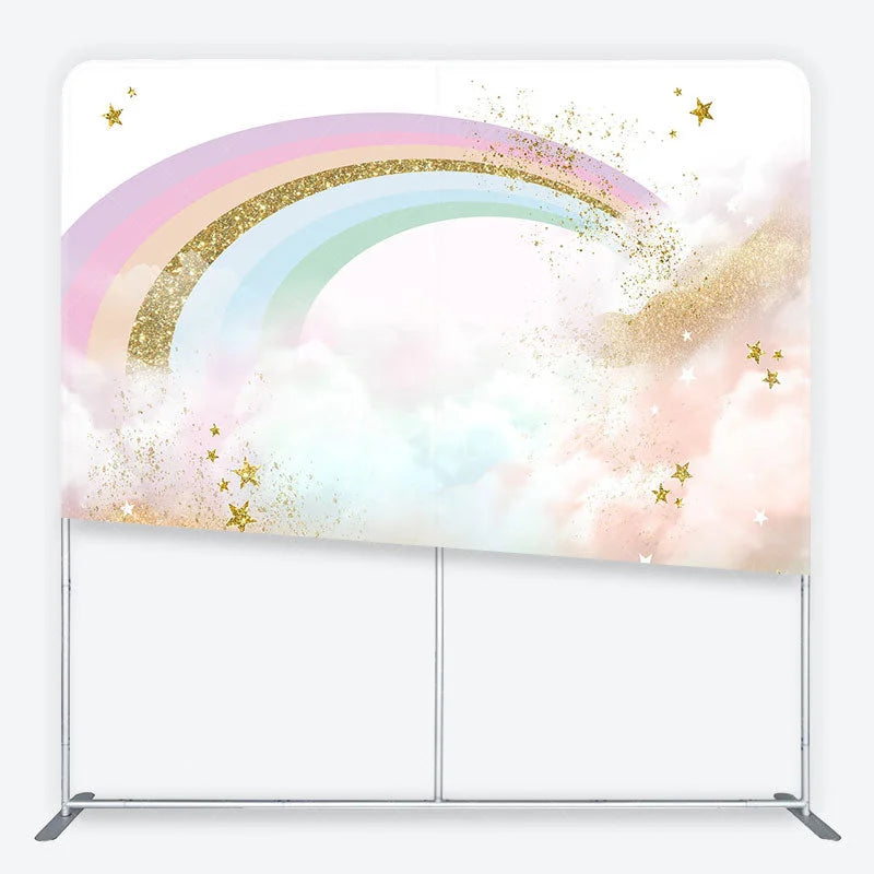 Aperturee - Aperturee Pastel Rainbow and Gold Glitter Stars Backdrop Magical Clouds Birthday Party Decor Tension Fabric Backdrop