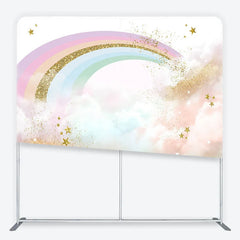 Aperturee - Aperturee Pastel Rainbow and Gold Glitter Stars Backdrop Magical Clouds Birthday Party Decor Tension Fabric Backdrop