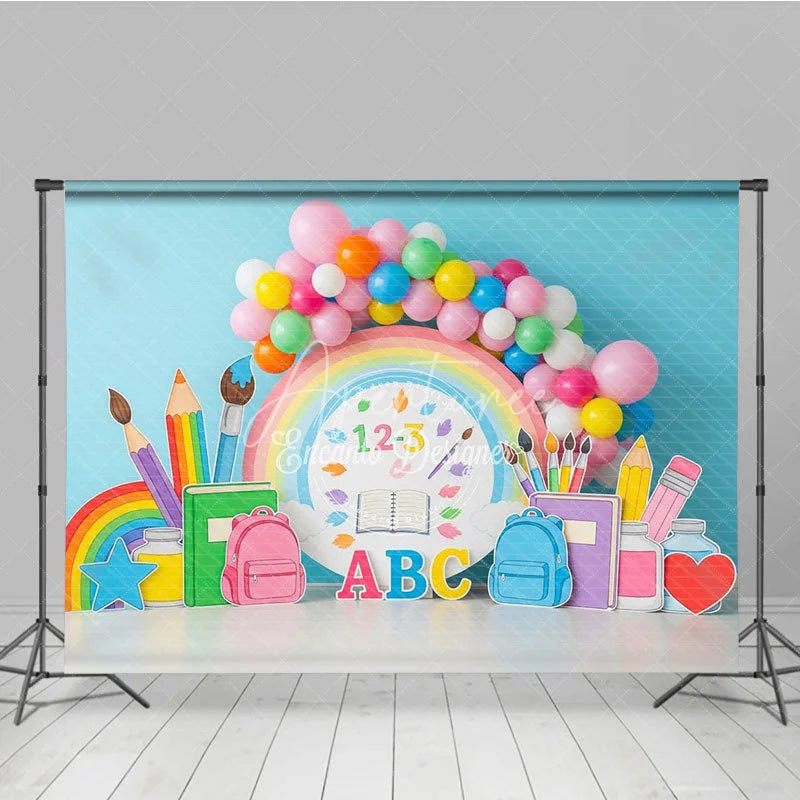 Aperturee - Aperturee Pastel Rainbow Back To School Backdrop School Supplies Balloon Arch Background Preschool Photography Banner