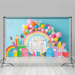Aperturee - Aperturee Pastel Rainbow Back To School Backdrop School Supplies Balloon Arch Background Preschool Photography Banner