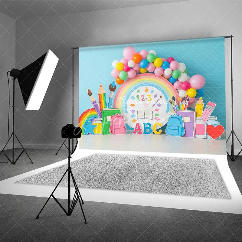 Aperturee - Aperturee Pastel Rainbow Back To School Backdrop School Supplies Balloon Arch Background Preschool Photography Banner