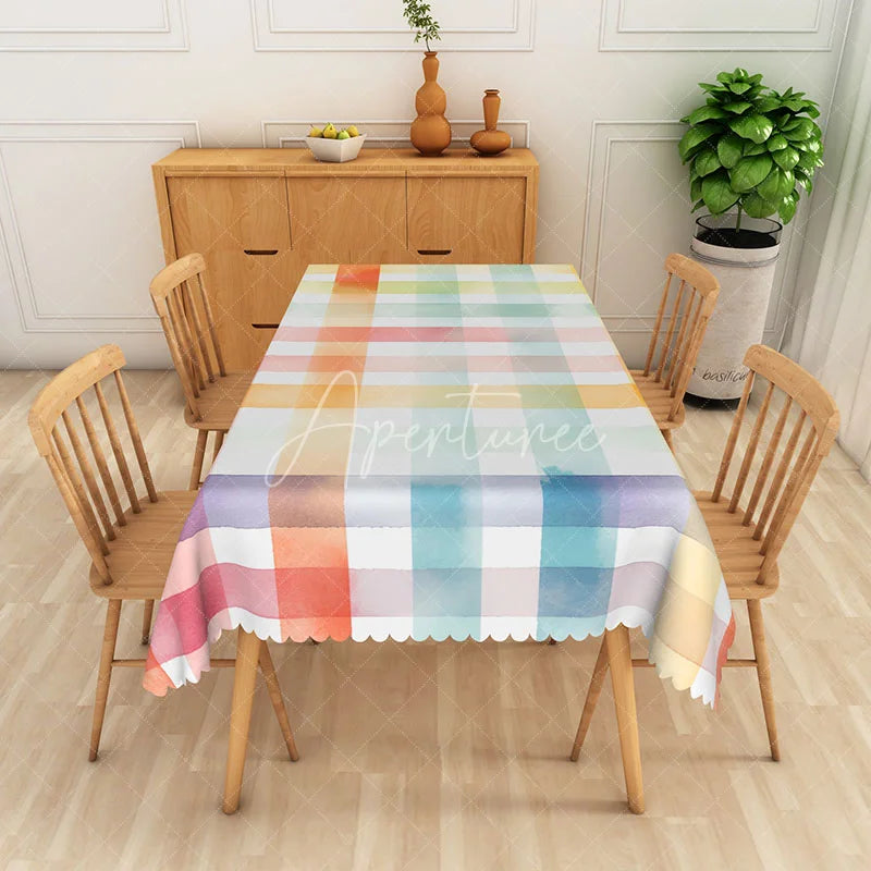 Aperturee - Aperturee Pastel Rainbow Checkered Rectangle Tablecloth in Pink Orange Blue and Purple for Girls Birthday