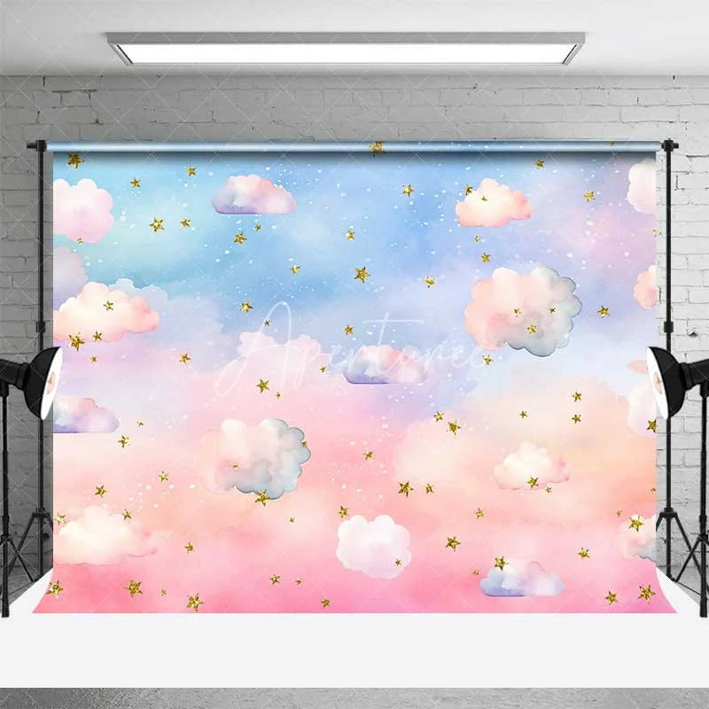 Aperturee - Aperturee Pastel Rainbow Clouds and Golden Stars Room Set Backdrop Dreamy Sky for Baby Shower Birthday