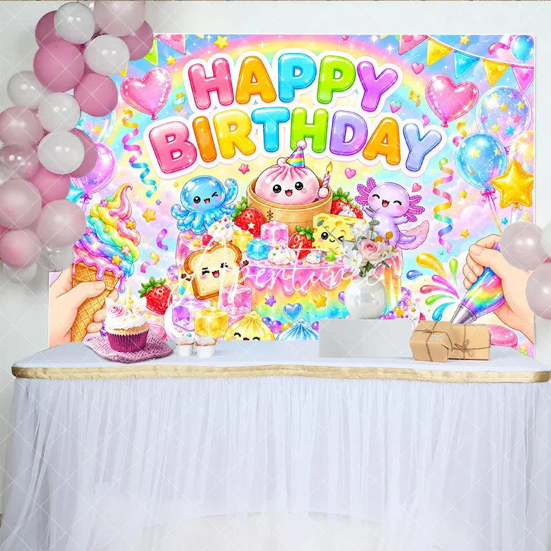 Aperturee - Aperturee Pastel Rainbow Happy Birthday Cake and Cute Characters Birthday Backdrop Whimsical Balloons Party Decor
