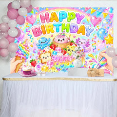 Aperturee - Aperturee Pastel Rainbow Happy Birthday Cake and Cute Characters Birthday Backdrop Whimsical Balloons Party Decor