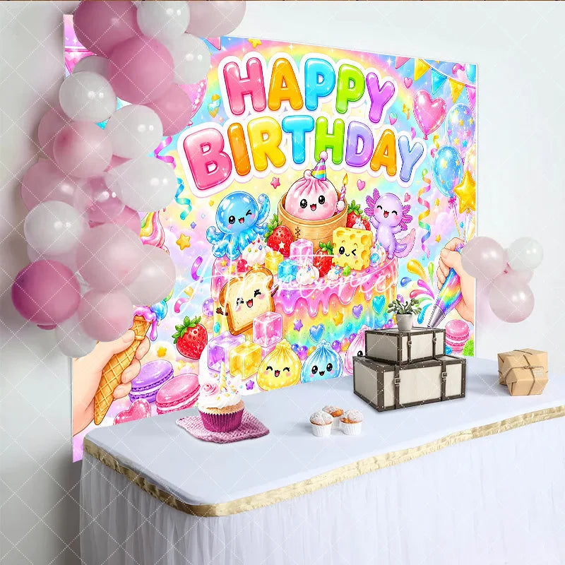 Aperturee - Aperturee Pastel Rainbow Happy Birthday Cake and Cute Characters Birthday Backdrop Whimsical Balloons Party Decor
