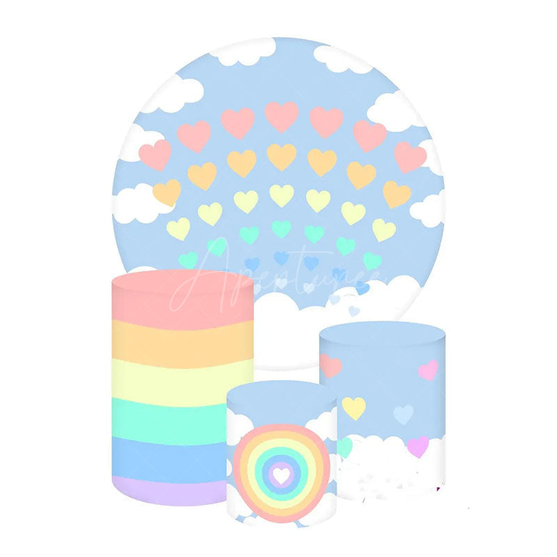 Aperturee Aperturee Pastel Rainbow Hearts Birthday Round Backdrop Kit Blue Sky with Puffy Clouds Kids Party Photo Prop Decor