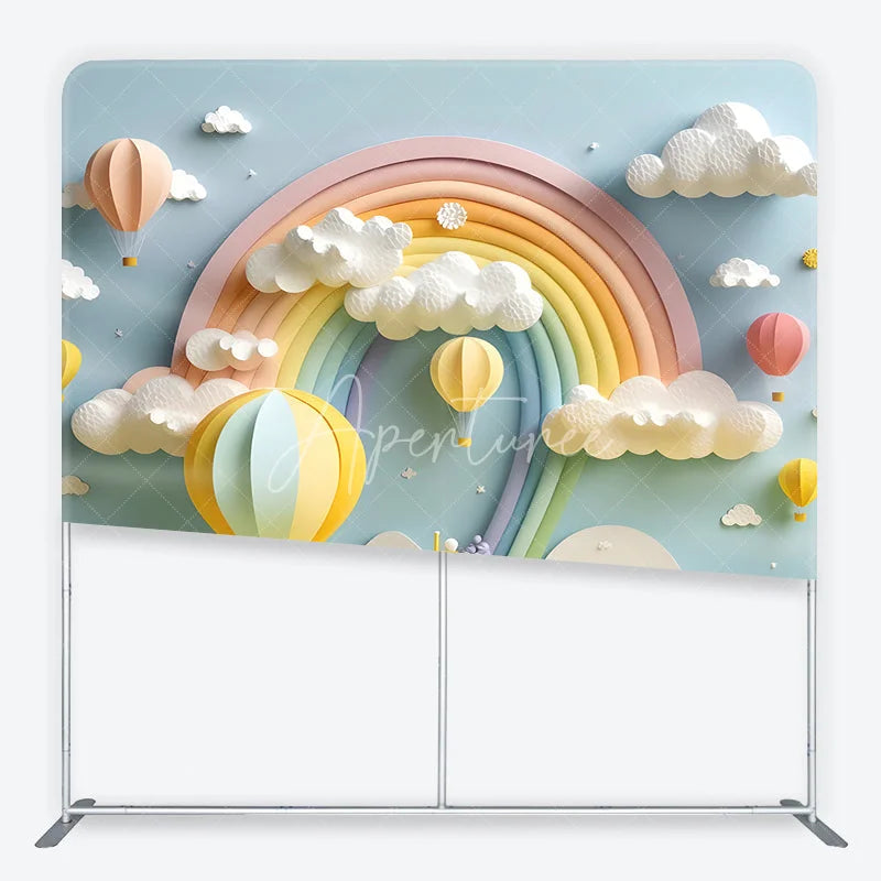 Aperturee - Aperturee Pastel Rainbow Hot Air Balloon and Fluffy Clouds Square Double-Sided Backdrop Dreamy Baby Shower Birthday Decor