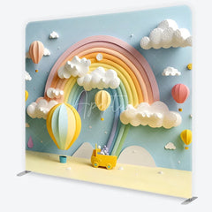 Aperturee - Aperturee Pastel Rainbow Hot Air Balloon and Fluffy Clouds Square Double-Sided Backdrop Dreamy Baby Shower Birthday Decor