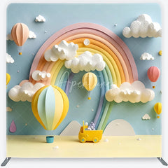 Aperturee - Aperturee Pastel Rainbow Hot Air Balloon and Fluffy Clouds Square Double-Sided Backdrop Dreamy Baby Shower Birthday Decor