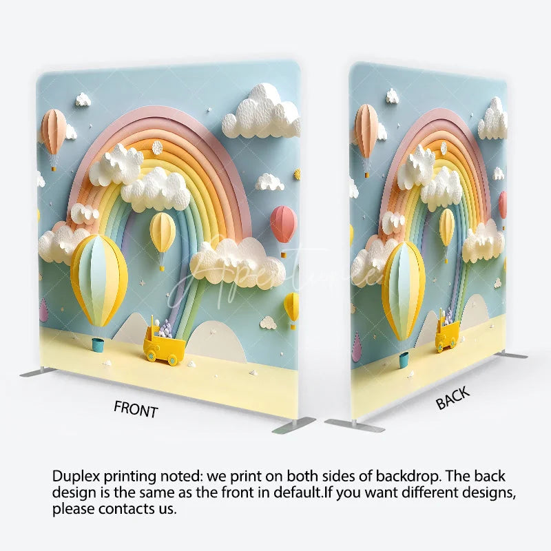 Aperturee - Aperturee Pastel Rainbow Hot Air Balloon and Fluffy Clouds Square Double-Sided Backdrop Dreamy Baby Shower Birthday Decor