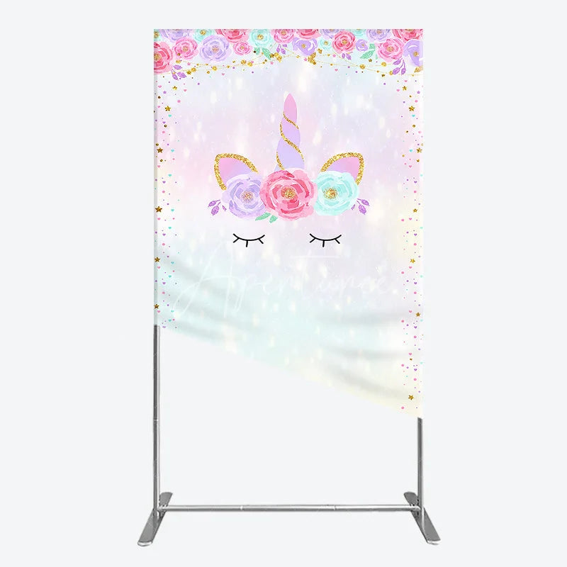 Aperturee - Aperturee Pastel Rainbow Unicorn Floral Rectangle Arch Backdrop Magical Birthday Baby Shower Decor