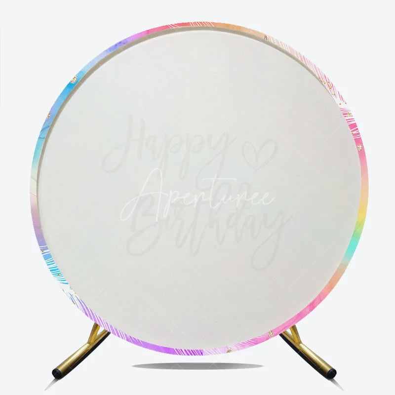 Aperturee - Aperturee Pastel Rainbow Watercolor Happy Birthday Round Backdrop with Feathers and Gold Glitter Dreamy Party Decor