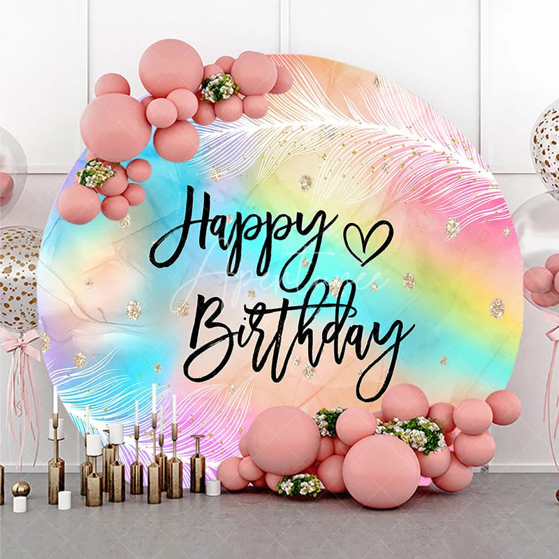 Aperturee - Aperturee Pastel Rainbow Watercolor Happy Birthday Round Backdrop with Feathers and Gold Glitter Dreamy Party Decor