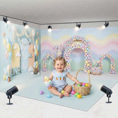 Aperturee - Aperturee Pastel Rainbow Waves and Bunny Room Set Backdrop First Birthday ONE Sign and Hot Air Balloons