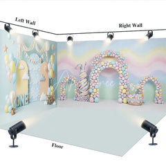 Aperturee - Aperturee Pastel Rainbow Waves and Bunny Room Set Backdrop First Birthday ONE Sign and Hot Air Balloons